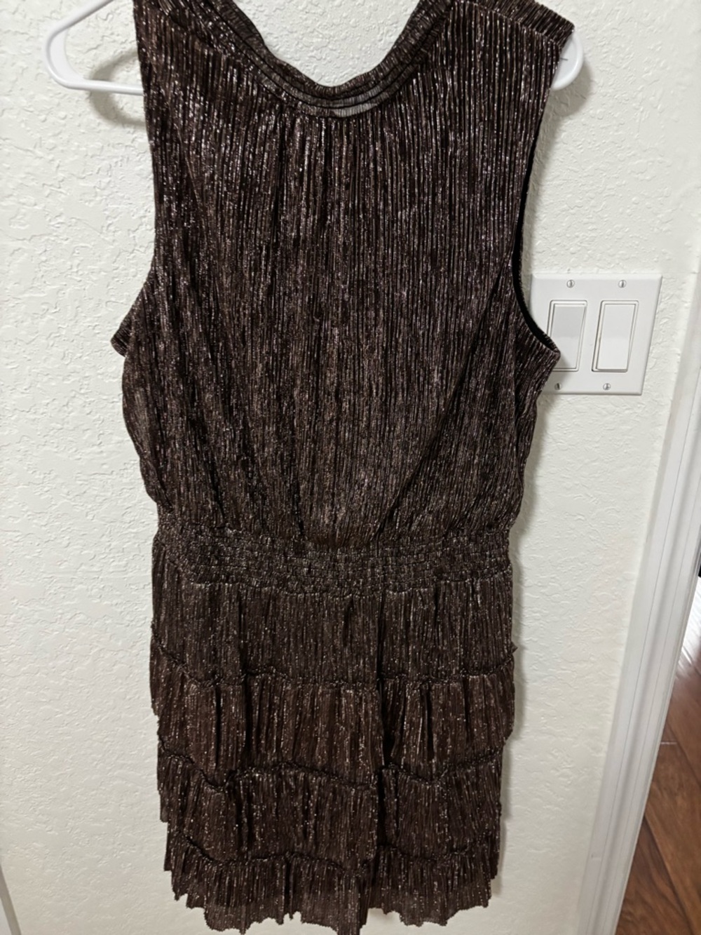 Sleeveless Brown Metallic Mini Dress with Tiered Skirt